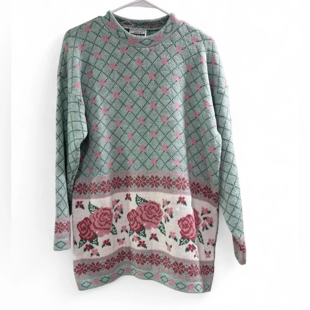 VTG Adele Knitsweater Green Floral Acrylic Granny Cottagecore USA